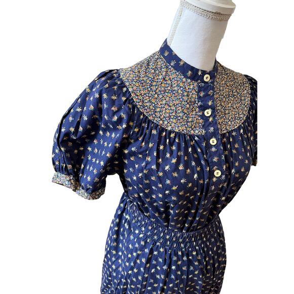 Vintage 70s Cottage Core Prairie Peasant Skirt Set Blue Floral Print - Picture 3 of 12